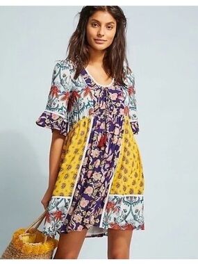 Anthropologie Patchwork Floral Lined Mini Dress Medium